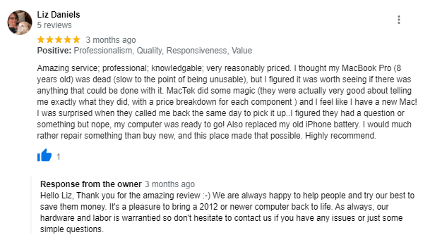 MacTek Computer Repair Review from Liz